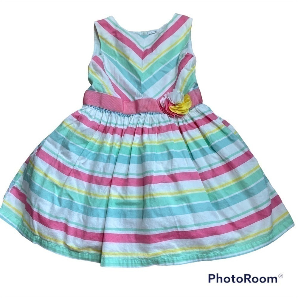 Carter’s Striped Summer Dress Floral Appliqué 3T Green Blue Pink White